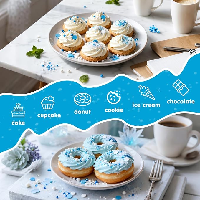 Edible Winter Sprinkles for Cake Decorating,6 Cell with Blue White Silver Gray Decorative Baking Toppings,Nonpareils Sprinkle,Pearls and Jimmies,Round Confetti,Snowflakes Candy Cane Rods,Sanding Sugar,Holiday Sprinkle for Cupcake Toppers,Cookie,Donut,B...
