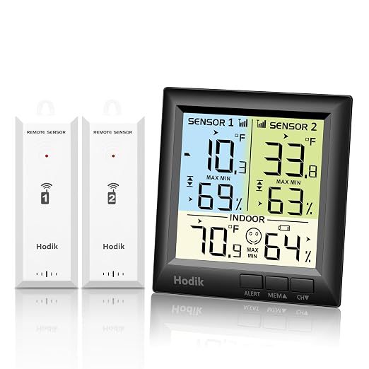 Wireless Freezer Thermometer with Alarm Refrigerator Thermometer, Fridge Freezer Alarm Thermometer Digital with 3 Adjustable Backlight and 330FT Remote Range for Kitchen Home Restaurant (Black)