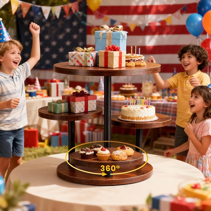 CMOOD 4 Tier Round Cupcake Tower Stand, Wooden Cupcake Stands for 50 Cupcakes, Rotatable Wood Dessert Display with Tiered Tray, Wooden Cake Tier Stand for Wedding Birthday Party Graduation