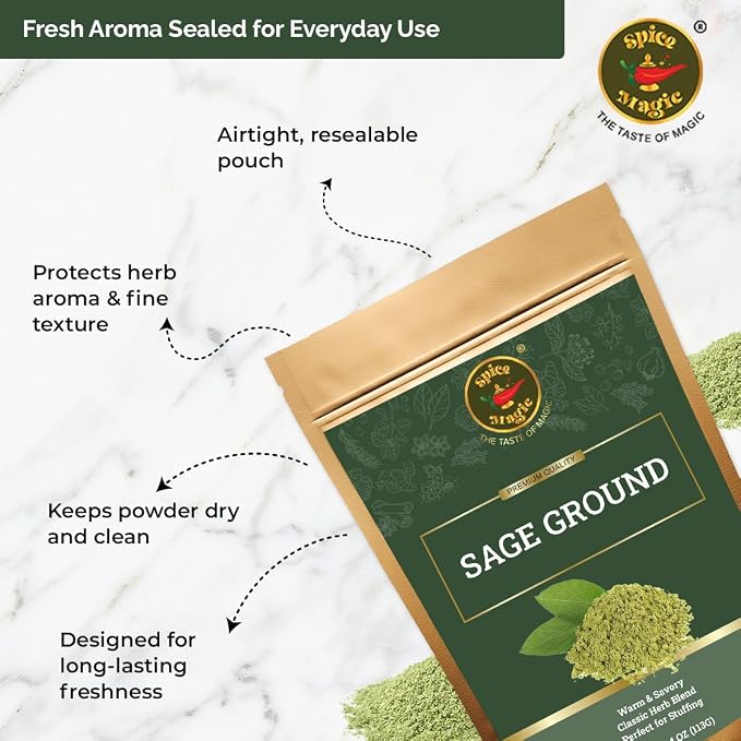 Spice Magic Ground Sage, 4 oz (113g)- Premium Ground Herb for Savory Dishes, Perfect for Stuffing, Sausages, Poultry, and Roasted Vegetables