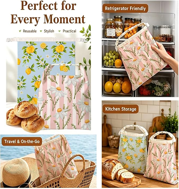 2 Pack Reusable Beeswax Bread Bags for Homemade Sourdough, Large Natural Beeswax Bread Bag 17"x13", Portable Lined Food Storage Floral Cloth Bags, Freezer Safe & Friendly, Keep Fresh