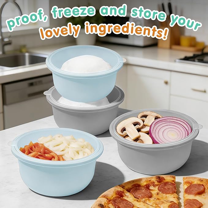 4Pcs Stackable Silicone Pizza Dough Proofing Proving Containers with Lids,Pizza Dough Proofing Box For Home Kitchen | Make 12" Pizzas 700ml(Grey+Blue)