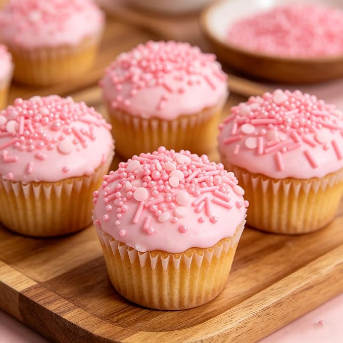 Sentovac Pink Sprinkles Edible Pink Round Confetti Jimmies Pearls for Cake Decorating Candy Cupcake Cookie Baking Donuts Ice Cream Dessert Decorations