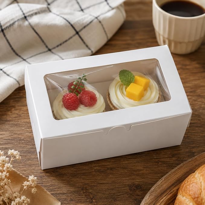 18 Pack White 2-Cavity Cupcake Boxes with Clear Window, 6.3 x 3.54 x 2.95 in Paper Treat Boxes with Inserts, 2-Cupcake Holders for Muffins, Cookies, Mini Cakes, Bakery Gifts and Parties