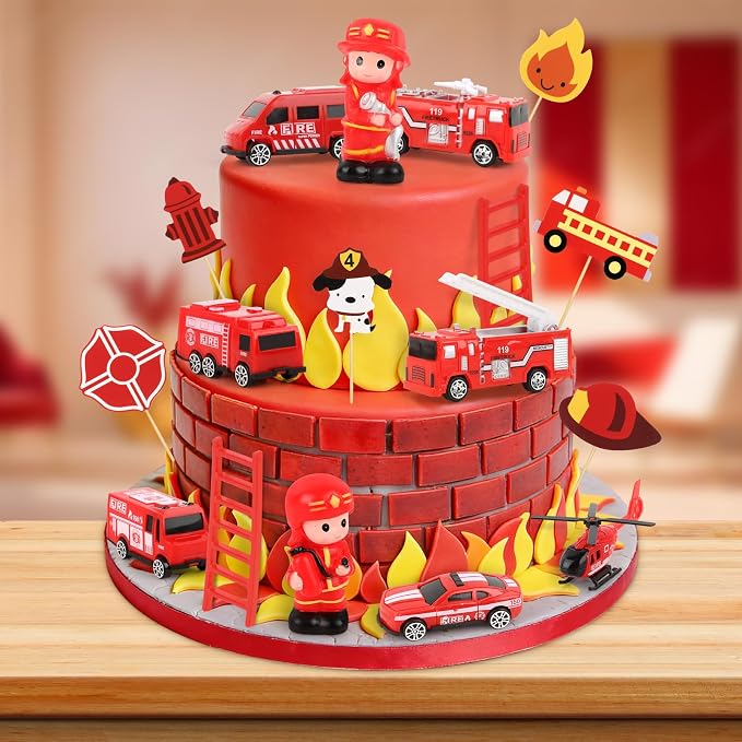 17PCS Fire Truck Cake Toppers Fire Truck Birthday Decorations Firetruck Cake Decorations for Kids Adult Birthday Party Supplies Fireman Firetruck Party Cake Decorations