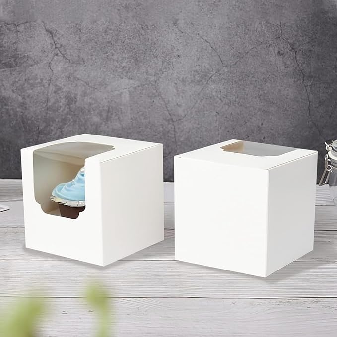 30 Pcs White Cupcake Boxes Individual Easy Assembly with Insert and Window, 3.5" x 3.5" x 3.5" Cupcake Holders