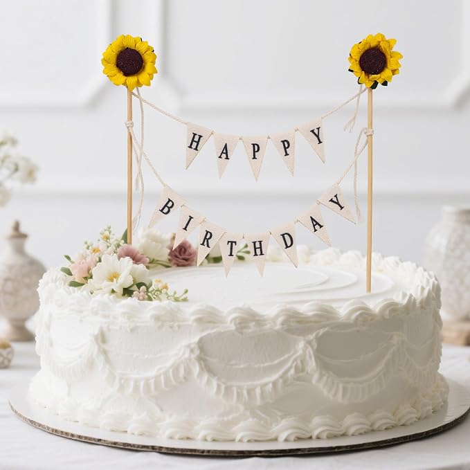 Happy Birthday Flag Banner Cake Topper, Handmade Pennant & Sunflower Garland Birthday Cake Flag Decoration for Party Decorations Supplies