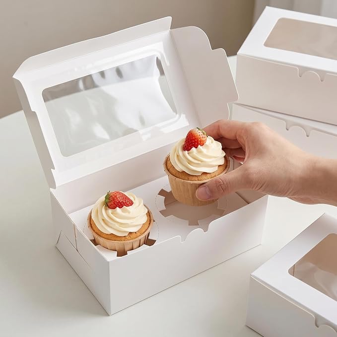 8 Pack White 2-Cavity Cupcake Boxes with Clear Window, 6.3 x 3.54 x 2.95 in Paper Treat Boxes with Inserts, 2-Cupcake Holders for Muffins, Cookies, Mini Cakes, Bakery Gifts and Parties