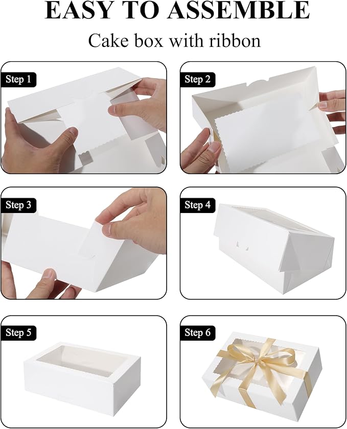 COTOPHER 10Pcs Cookie Boxes with Ribbons, 9x6x3 Inch Bakery Boxes with Window, White Treat Containers for Pastries, Chocolate Covered Strawberries, Dessert, Easter Candy, Muffins, Donuts