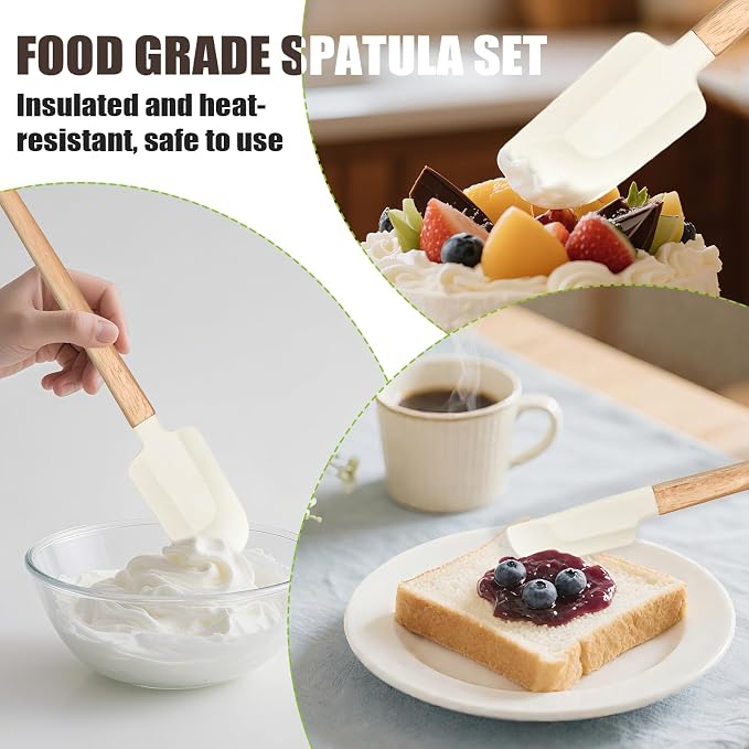 Silicone Spatula Set 5-Piece, Food Grade Heat Resistant 600°F, Wooden Handle Kitchen Utensils for Non-Stick Cookware, BPA Free Baking & Cooking Scraper Set (White)