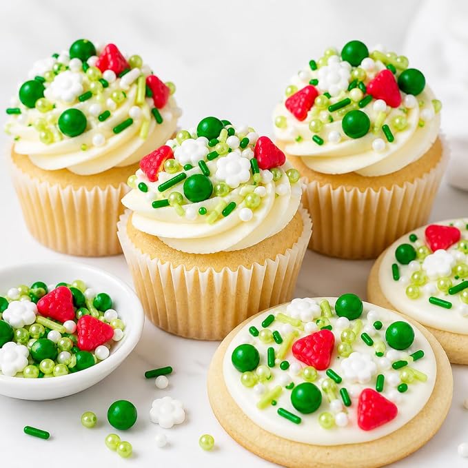 Strawberry Sprinkles 4.6oz - White Flowers Green Pearls Jimmies Sprinkles Mix for Cake Decorating, Summer Cupcake Topper, Birthday & Spring Baking Supplies