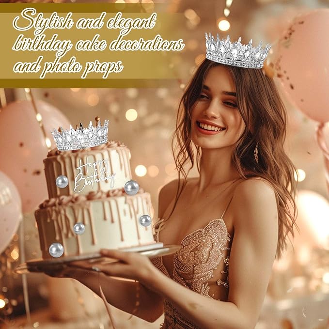 8 Pcs Silver Queen Crown Cake Topper, Happy Birthday Cake Toppers Foam Balls Rhinestone Crystal Tiara Wedding Decoration for Princess Party Photo Props for Women Princess