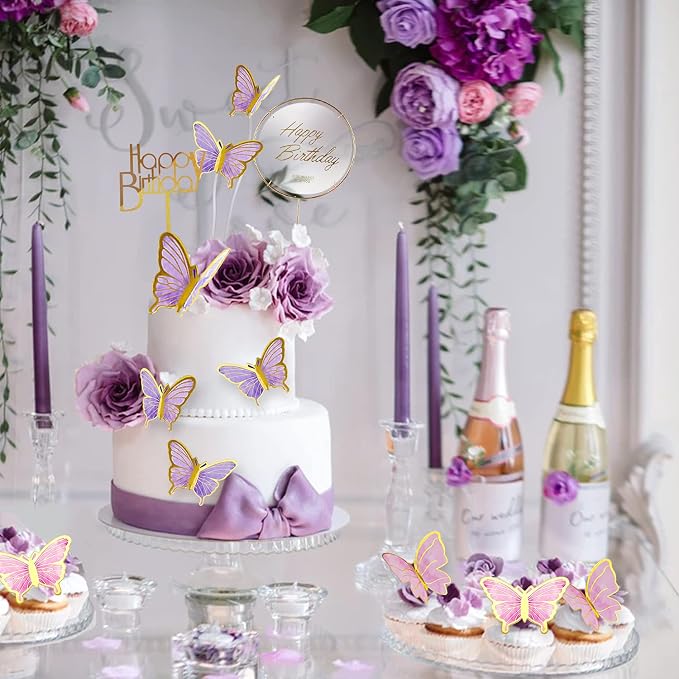 22-Pieces Butterfly Cake Decorations With Happy Birthday Acrylic Cake Toppers for Baby Shower Wedding Birthday Party Decor (Purple & Pink)
