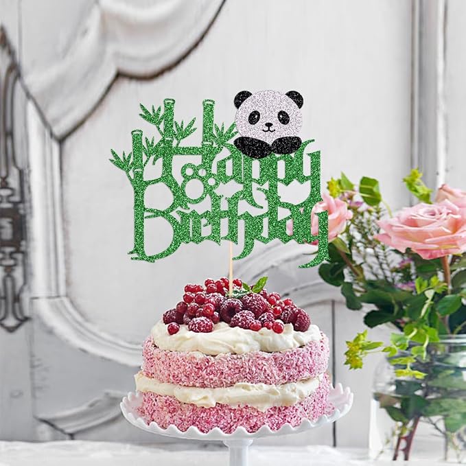 Panda Happy Birthday Cake Topper-Black Panda Bear Bamboo Birthday Cake Decoration Jungle Animals Theme Baby Shower Cake Decoration,Boys Girls Birthday Party Decoration Supplies