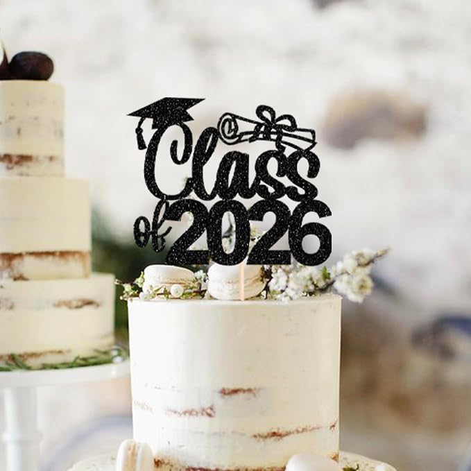 1 Pack Class of 2026 Cake Topper Glitter Congrats 2026 Graduation Cake Pick for Graduation Grad 2026 Theme Boys Girls Graduate Party Cake Decorations Supplies Black