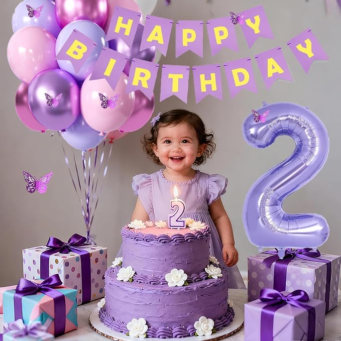 2nd Birthday Decorations for Girl -12 inch Purple Pink Balloons, 40 Inch Purple 2 Balloon,3D Butterflies Stickers, Happy Birthday Banner for Baby Girl 2 Year Old BD Party Decorations