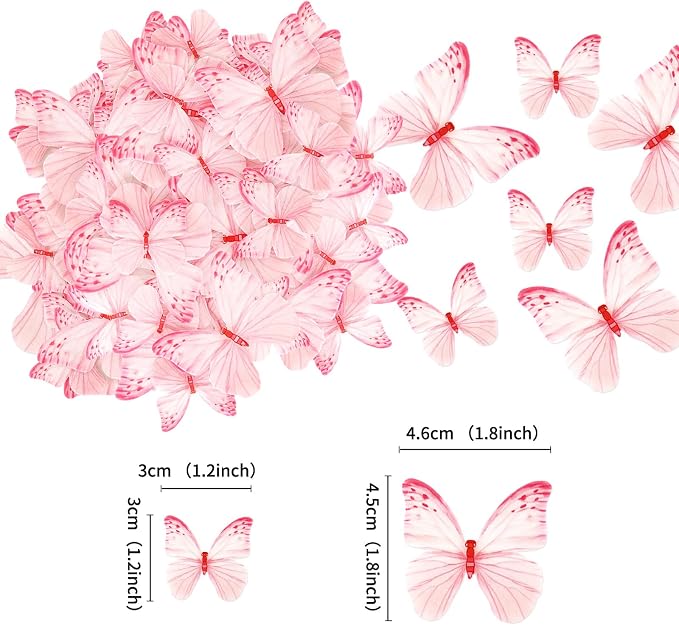 60Pcs Edible Butterfly Cupcake Toppers Pink Butterflies Cupcake Picks Drink Toppers for Butterfly Theme Baby Shower Girls Birthday Party Birdal Shower Engagement Wedding Party Decorations