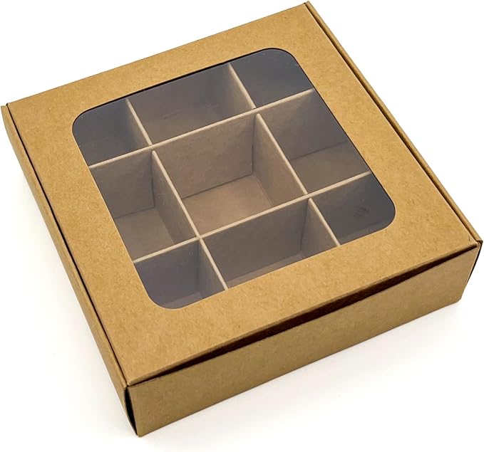 20pcs Kraft Treat Boxes with Window and Dividers | 9 X-SMALL compartments | 5 x 5 x 1.57 in | Empty candy boxes for gift giving, truffle box - perfect for Valentine's Day