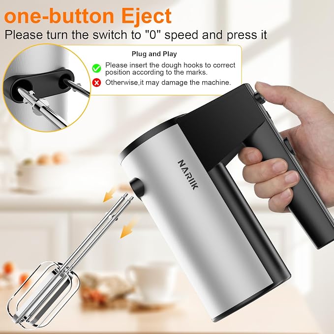 Electric Hand Mixer, 660W Kitchen Handheld Mixer 5 Speed Self Control Whisk 304 Stainless Steel One Click Eject Dishwasher Safe Mixer for Cream Cookies Dough(Black)
