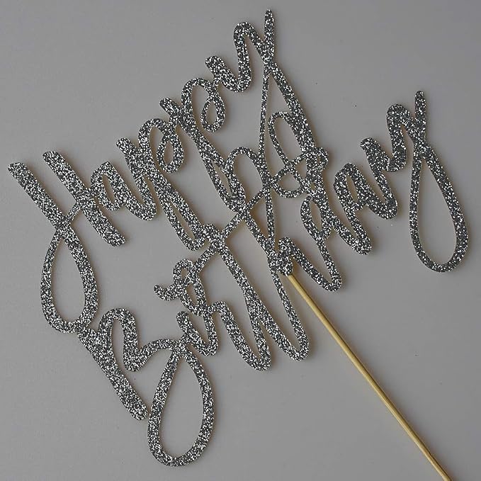 Happy Birthday Cake Topper Birthday Party Decorations Supplies Silver Glitter