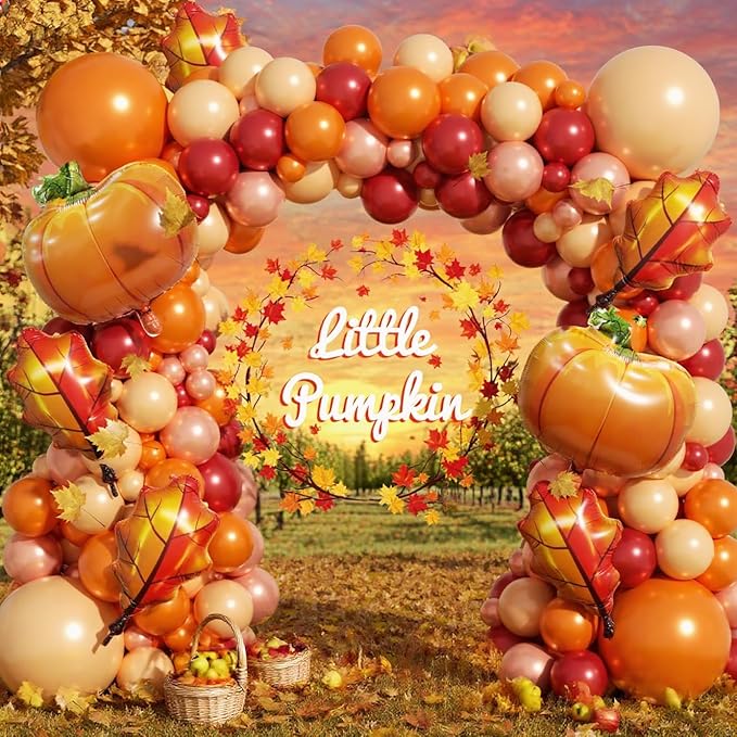 Fall Balloon Arch Garland Kit 172pcs with Leafs Pumpkins, Thanksgiving Balloons Arch Orange Nude Burgundy Rose Gold Balloons Different Sizes for Little Pumpkin Birthday Baby Shower Decoration