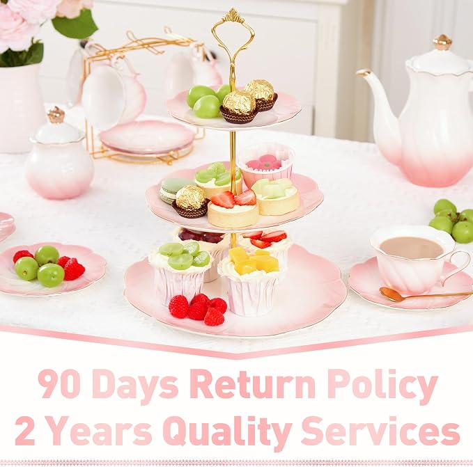 DUJUST Luxury Larger 3-Tier Cupcake Stand Tower, British Style Porcelain Serving Tray with Golden Trim, Food Grade Dessert Display Stand for Tea Party & Home Décor - 45% Gradient Pink Larger Plates