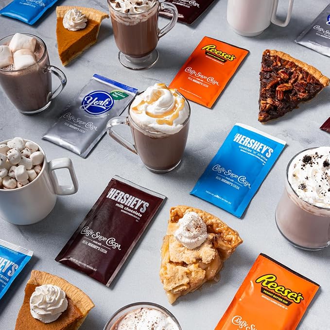 Candy Shop Cocoa Variety Iced Cocoa Mix, 1.25 oz, 24 Pack | Variety pack with HERSHEY’S, REESE’S and YORK flavors; just add water for smooth, creamy hot or iced cocoa drinks anytime