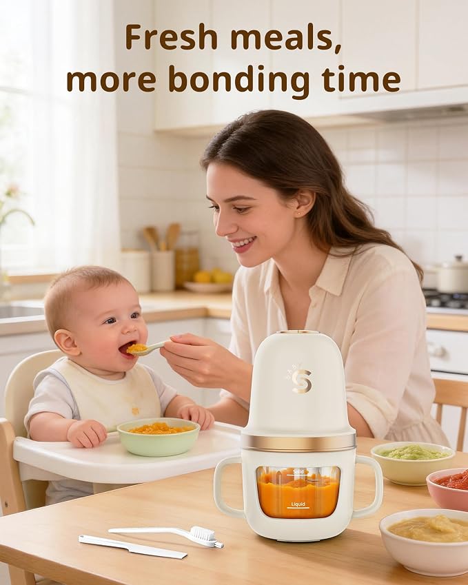 SosekiBaby Solo Baby Food Maker,Mini Food Processor Set,316 Stainless Steel Blades,10oz Glass Baby Puree Blender for Fruit, Vegatable & Meat,2-Speed Control,BPA-Free,Ivory