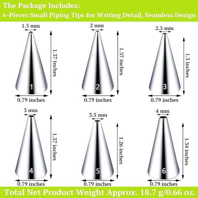 Suuker Round Piping Tips Set, 6 Pieces | Seamless Stainless Steel, Icing Tips, Cupcake Frosting Nozzles, Small Cake Decorating Tip, Cake Writing Tool