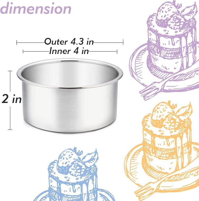 TeamFar 4 Inch Cake Pan Set of 4, Stainless Steel Mini Round Layer Cake Baking Pans Tins Set, For Baking Steaming Serving, Healthy & Sturdy, Mirror Finish & Dishwasher Safe