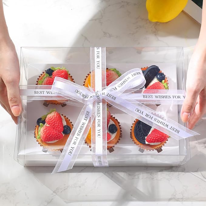 Dandat 24 Pack Clear Cupcake Boxes 6 Count Plastic Clear Cupcake Containers with Gift Ribbon Rectangle Bakery Cake Boxes Carrier Holder for Birthday Wedding Christmas Party