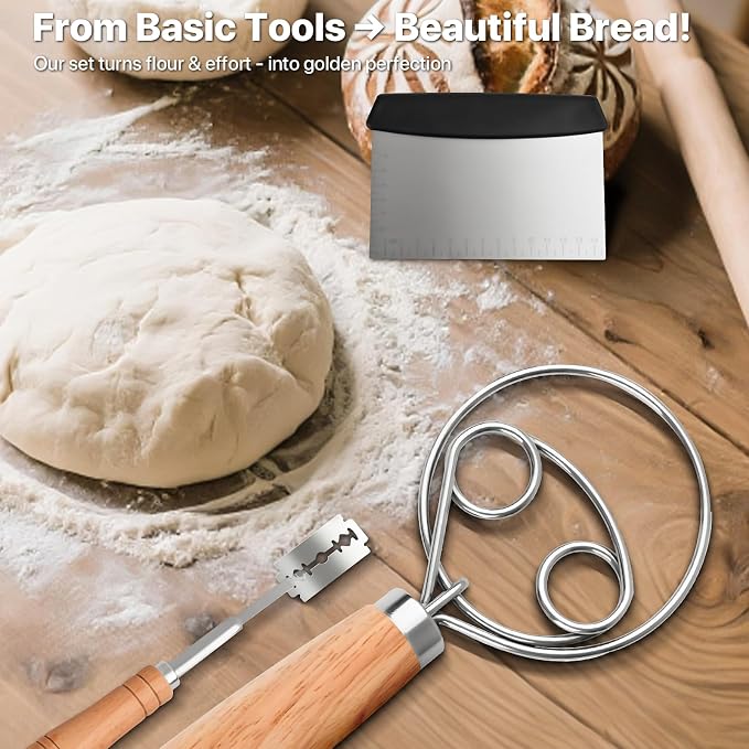 Sourdough Tool Kit, Danish Dough Whisk, Scraper, Lame with Scoring Blades, Wooden Bread Whisk with Metal Hook, Dutch Whisk Stirrer & Wisk Mixer, Baking Set for Making Mixing Whisking Sour Dough.