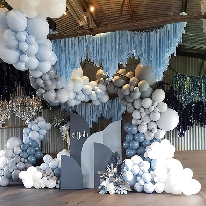 PartyWoo Dusty Blue Balloon Arch Kit Garland 140pcs Different Sizes of 18 12 10 5 Inch Light Baby Blue White Sand Gold Confetti Boho Balloons for Baby Shower Gender Reveal Birthday Party Decorations