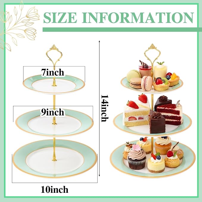 CHENGU 3 Tier Cupcake Stand Green Ceramic with Gold Frame, 10" 9" 7" Dessert Tower for Baby Shower Birthday Wedding Tea Party, Tiered Cake Holder Display for Cupcakes Pastries Fruits