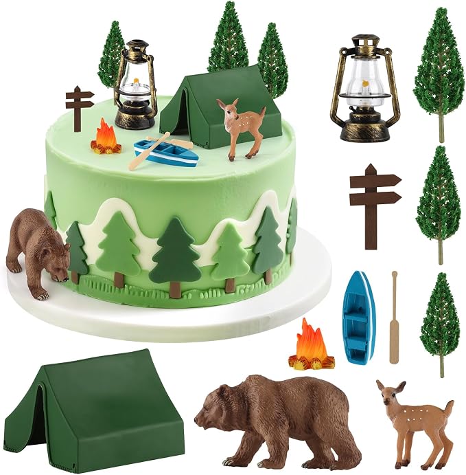 Camping Cake Toppers 12Pcs Camping Themed Party Decoration Include Tent Bonfire Tree Boat Deer for Kids Adults Adventure Theme Birthday Party Supplies