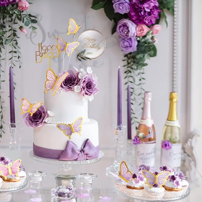 22-Pieces Butterfly Cake Decorations With Happy Birthday Acrylic Cake Toppers for Baby Shower Wedding Birthday Party Decor (Purple)
