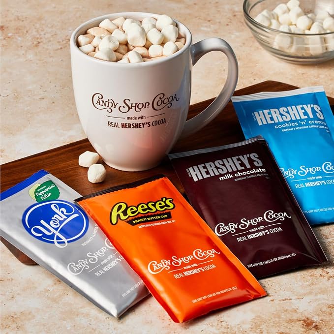 Candy Shop Cocoa YORK Peppermint Iced Cocoa Mix, 1.25 oz, 24 Pack | YORK Peppermint cocoa mix with rich chocolate and cool peppermint flavor; just add water for smooth, hot or iced drinks