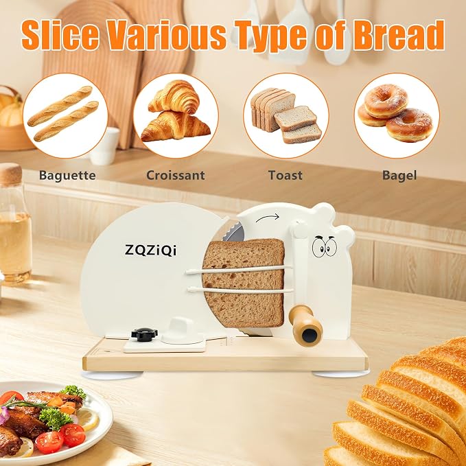 Manual Bread Slicer for Homemade Sourdough Bread with Strong Suction Base | 0-0.75" Adjustable Thickness, 402 Stainless Steel Blade, Beech Wood Base, Homemade Bread Toast Bagel Cutter