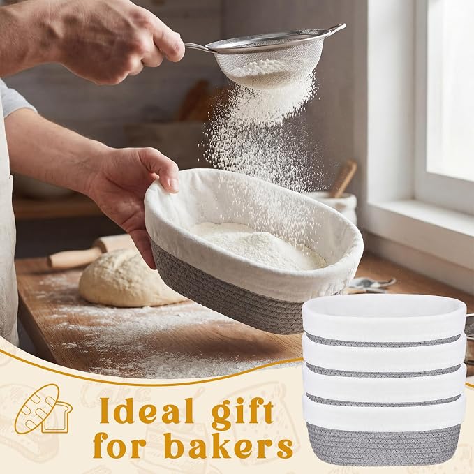 4 Pcs 10 Inch Bread Proofing Basket Set Cotton Rope Oval Banneton Basket Sourdough Bread with Liners Covers for Baking Supplies (Gray)