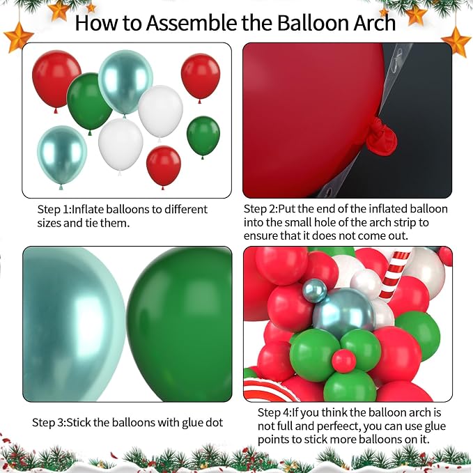 Christmas Balloon Garland Arch Kit, Christmas Balloon Arch with Metallic Green Red White Latex Balloons Snowflake Santa Foil Balloons Candy Cane for Xmas New Year Party Decoration
