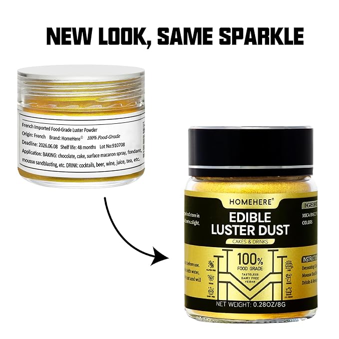 HomeHere Luster Powder Dust Edible Cake Dust 8g, Edible Sprinkle Glitter for Cocktails Drinks Baking Candy Dessert Chocolate Vegan Tasteless