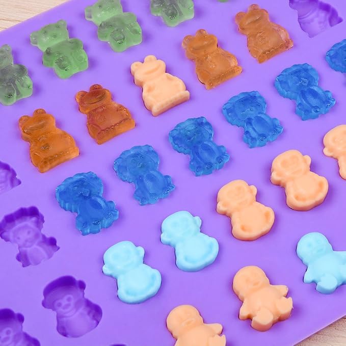 Silicone Candy Gummy Bear Molds - Chocolate Molds Including Bears, Frogs, Lions, Monkeys, Penguins Gummie Molds Premium Silicone, Pack of 4 with 2 Droppers