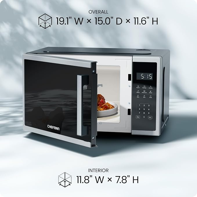 Chefman Countertop Microwave Oven 0.9 Cu. Ft., 1000 Watts with 10 Power Levels, 3 Cooking Presets with One-Touch Express Cook, 2 Defrost Settings, Child Safety Lock, & Mute Button – Stainless Steel