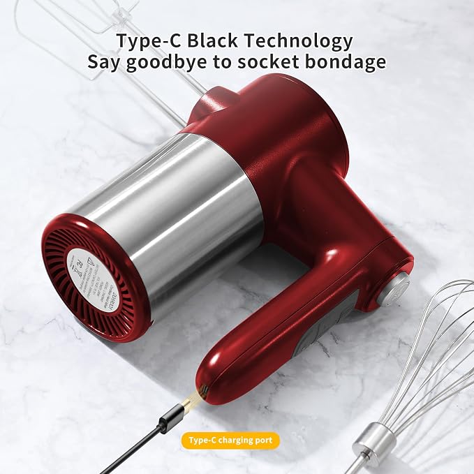 7-Speed Cordless Hand Mixer for Baking - Electric Handheld Mixer with 6 Stainless Steel Attachments, Turbo Boost, Digital Display, Lightweight Cake Mixer for Eggs, Cream, Cookie Dough (Red)