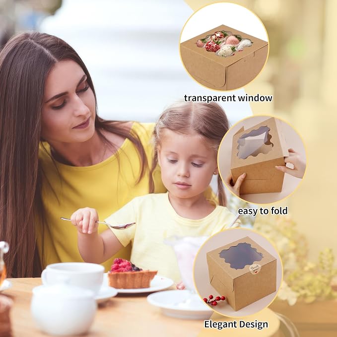 WINKIO 12 Pieces Cookie Boxes with Window, Treat Boxes for Bakery Dessert Pastry Mini Cake Favor Donut Baked Goods (with Stickers) (brown, 6×6×5 inches)