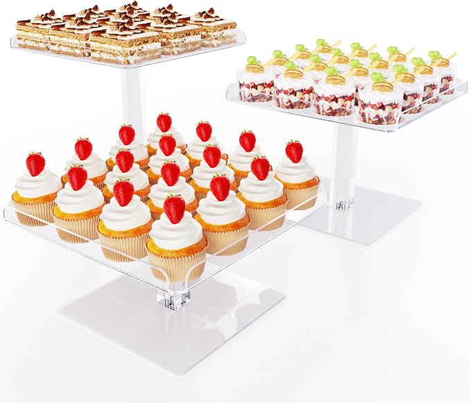 Bakzon 3 Piece Cupcake Stand, Acrylic Dessert Table Display Set, Clear Square Serving Trays for Birthday, Wedding, Baby Shower