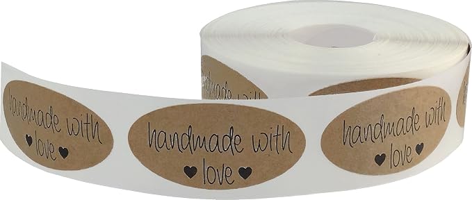 Brown Kraft with Black Handmade with Love Oval Stickers, 2 x 1 Inch in Size, 500 Labels on a Roll