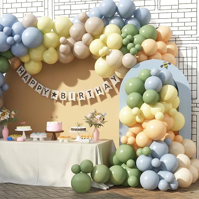 Blue and Green Balloon Arch Kit 115Pcs Dusty Blue Sage Green Balloons Garland Slate Yellow Cream Nude Beige White Sand Birthday Party Balloons for Boys Bear Bee Honeycomb Baby Shower Decorations