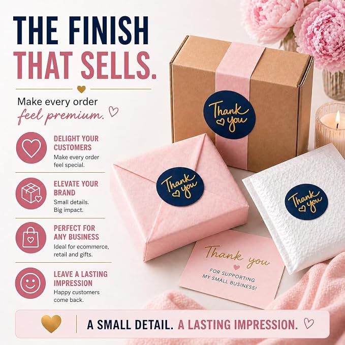 500 2 inch Thank You Stickers – Round Labels with Gold Foil Heart (Black, White, Pink, Navy)– Large Stickers for Small Business Packaging, Envelopes, Gift Bags & Orders – Self-Adhesive Seals