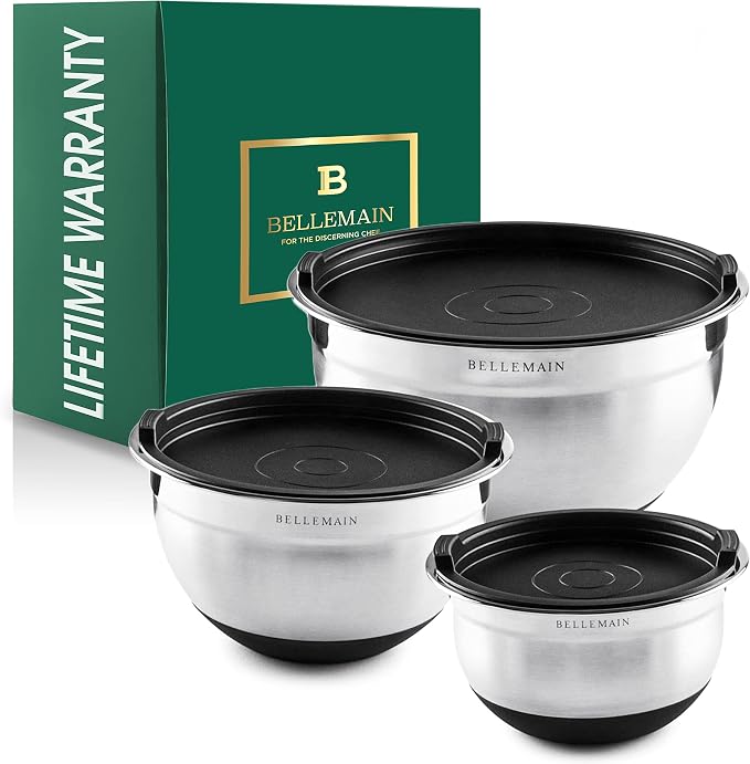 Bellemain Mixing Bowls with Lids Set - Stainless Steel Mixing Bowls with Airtight Lids - Food Storage Containers - 3PCS Set with Non-Slip Bottoms Kitchen Essentials for Baking - Serving